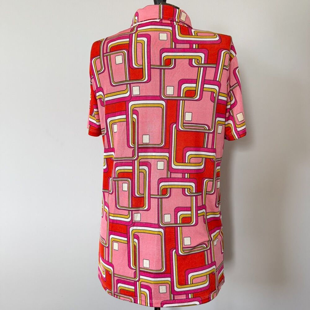 Cato Women’s Ruched Shirt Sz S Pink Red Retro Geo Print Button Down Stretch Top - Picture 3 of 7